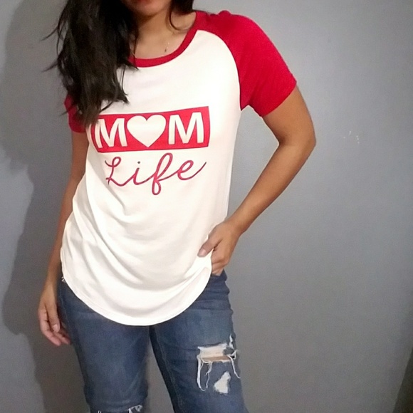 'MOM LIFE' RED WHITE GRAPHIC TEE TOP - Picture 4 of 7